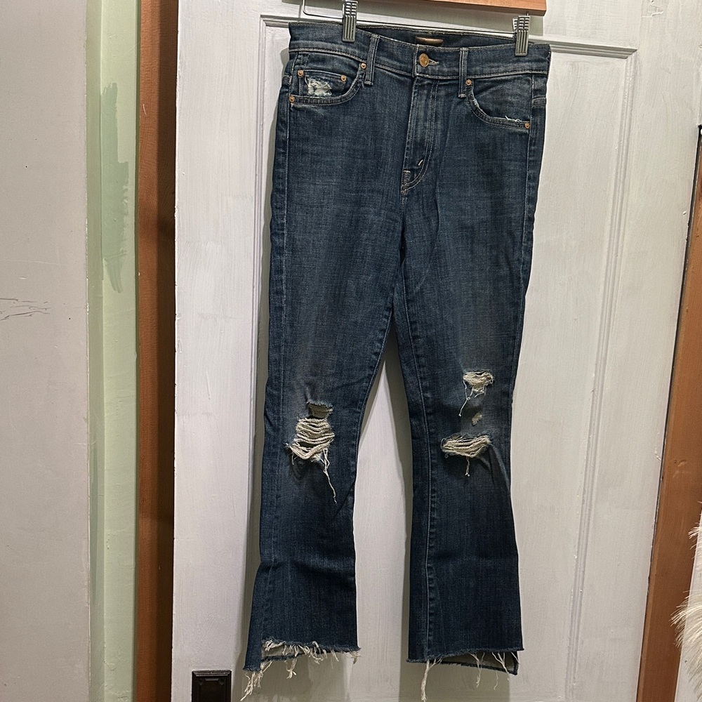 MOTHER Dark Blue Distressed Straight Leg Jeans